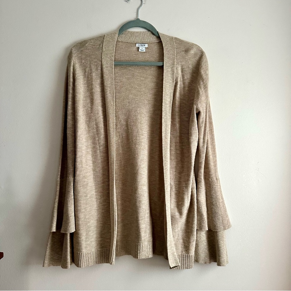J. Crew Factory‎ • Tiered Ruffle-Sleeve Cardigan Sweater in Heather Oatmeal
